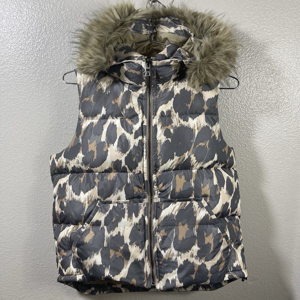 Coach Womens Leopard Print Down Puffer Vest Hooded Faux Fur Trim Size L
